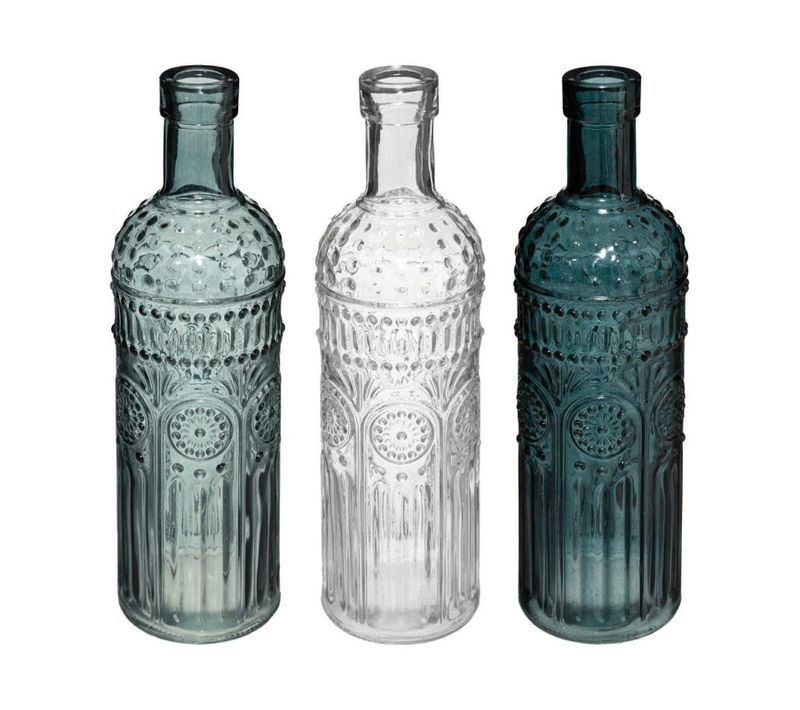 Lot De 3 Vases Bouteilles En Verre - Bleu Foncé/bleu Clair/transparent - H 24,5 Cm