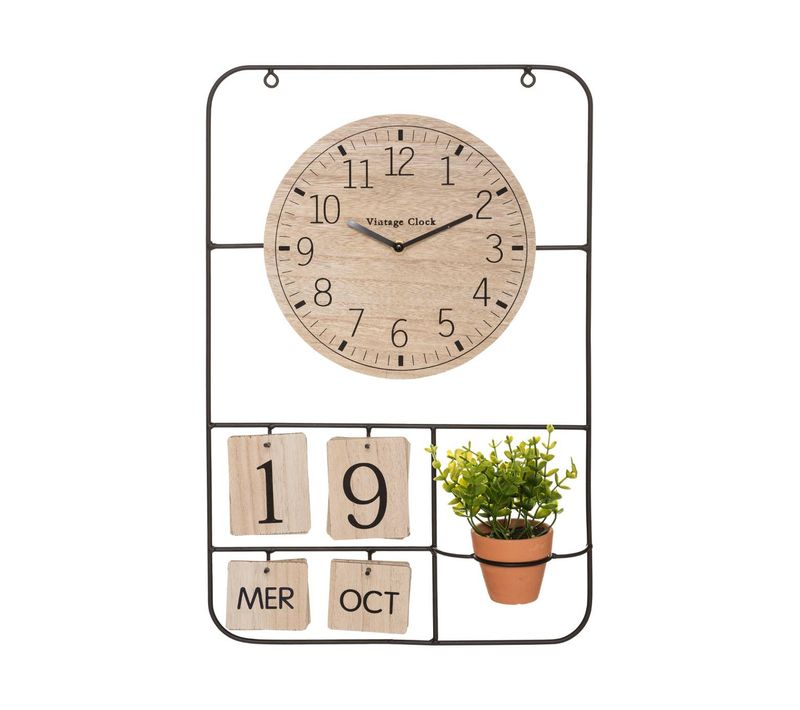 Pendule Murale En Métal Et Bois Avec Calendrier Perpétuel Et Plante Verte En Pot