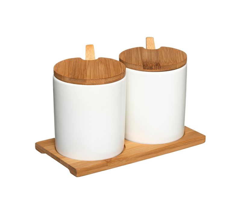 Set 2 Pots à Épices En Céramique Blanche Sur Plateau En Bambou