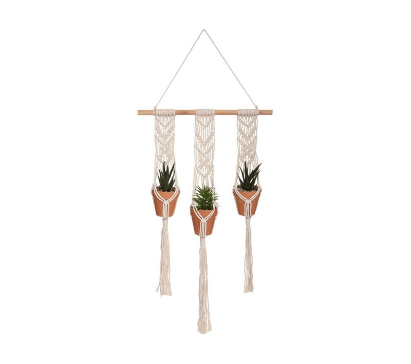 Suspension En Coton 3 Plantes Artificielles Pots En Terre Cuite  H 68 Cm