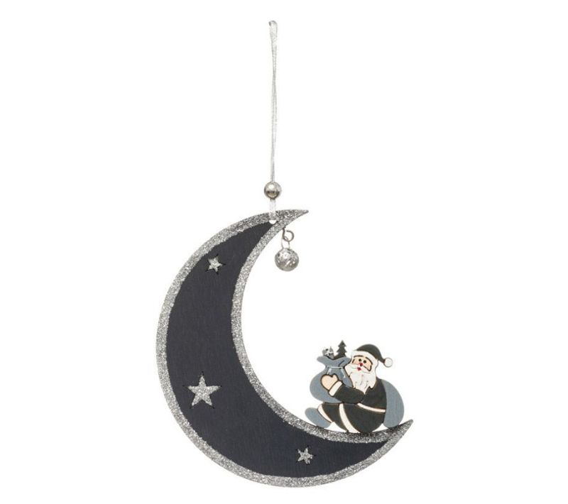 Sujet De Noël Lune "bois" 12cm Gris Bleu