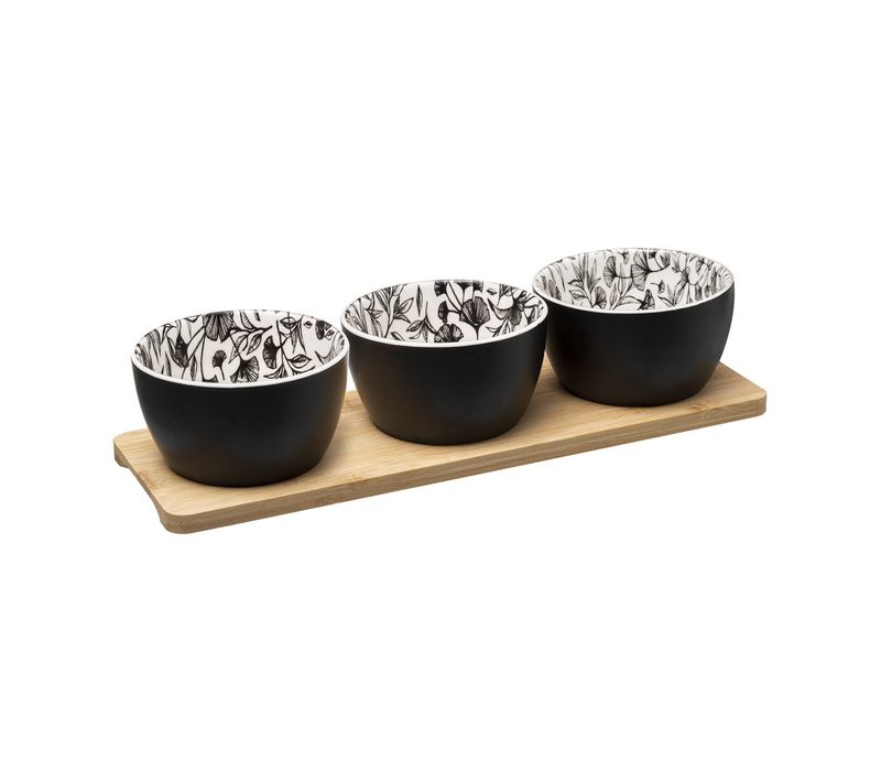 Set Apéritif 3 Ramequins En Céramique et 1 Plateau En Bambou