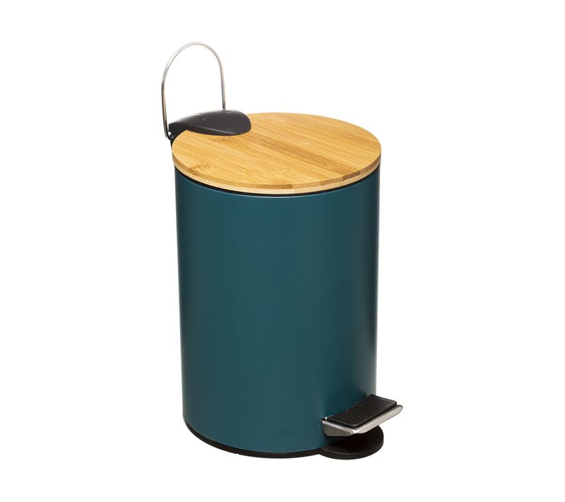 Poubelle De Salle De Bain En Métal Bleu Pétrole Et Couvercle En Bambou 3 L