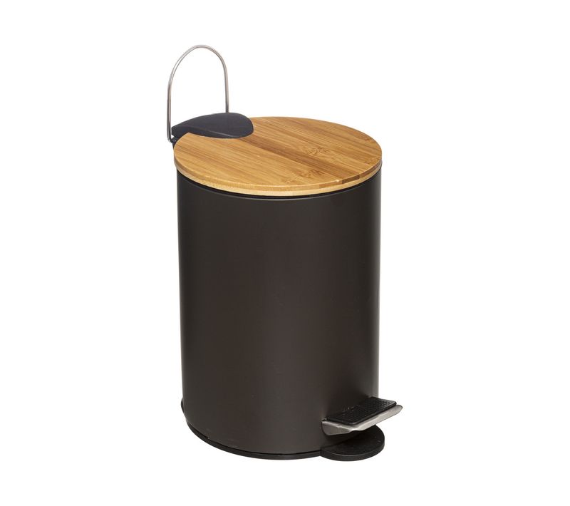 Poubelle De Salle De Bain En Métal Noir Charbon Et Couvercle En Bambou 3 L