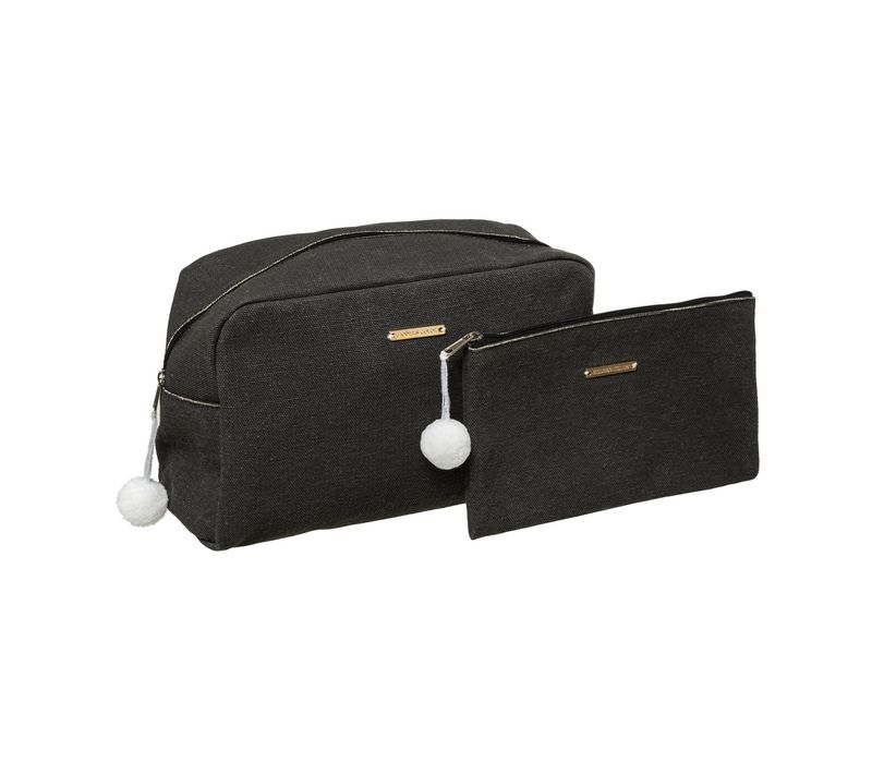 Set De 2 Trousses De Toilette Et Maquillage Noir Charbon Avec Pompons
