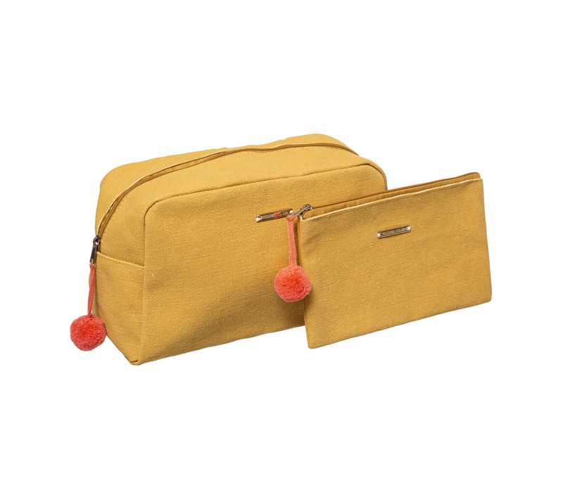 Set De 2 Trousses De Toilette Et Maquillage Jaune Moutarde Avec Pompons