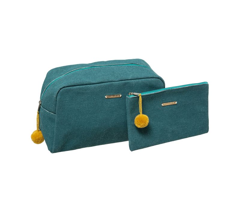 Set De 2 Trousses De Toilette Et Maquillage Bleu Vert Pétrole Avec Pompons