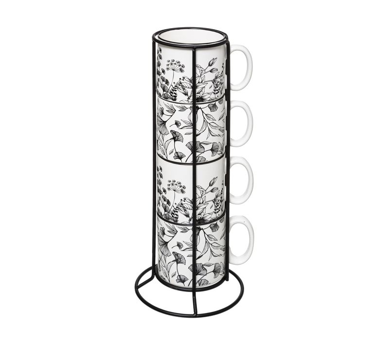 Lot De 4 Mugs En Porcelaine Blanche  Déco Florale Sur Rack En Métal Noir