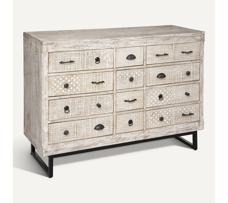 Commode 12 Tiroirs Ajay En Bois Blanchi - Beige
