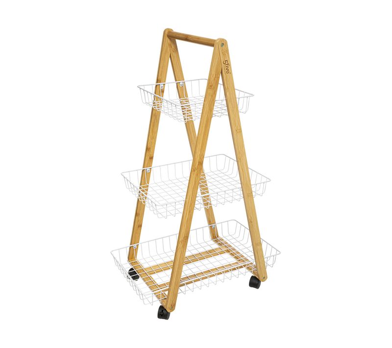 Desserte Roulante 3 Niveaux En Bambou Et Métal Blanc H 88 Cm