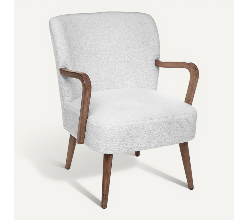 Fauteuil Avec Accoudoirs En Bois Et Tissu Blanc à Bouclettes