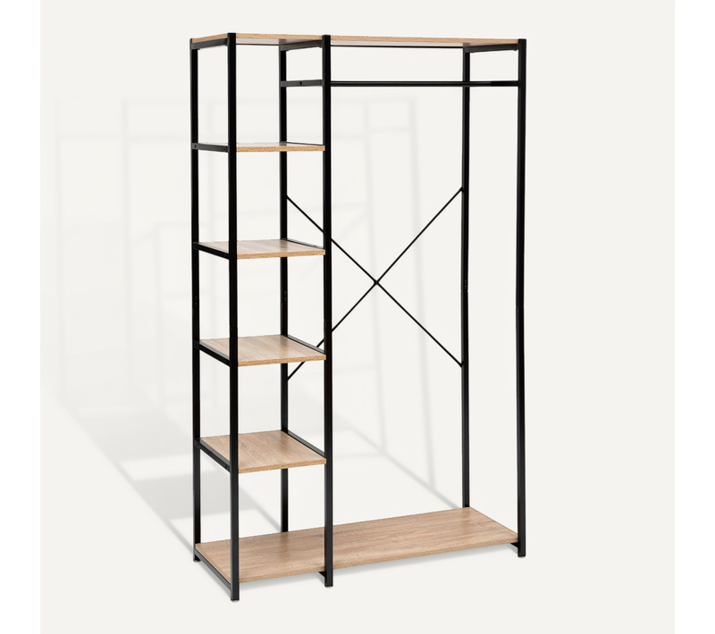 Penderie Avec 5 étagères De Rangement En Mdf Et Fer - H. 170 Cm - Marron Et Noir