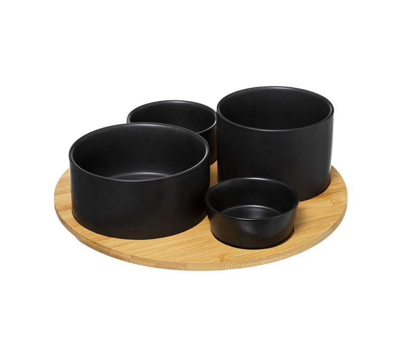 Set Apéritif 4 Ramequins En Céramique Noire et 1 Plateau En Bambou