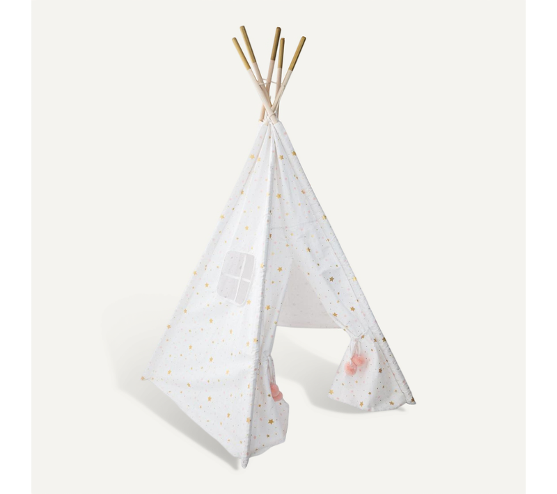 Tipi Enfant Toile Blanche Motif Étoiles Roses Et Dorées H 160 Cm