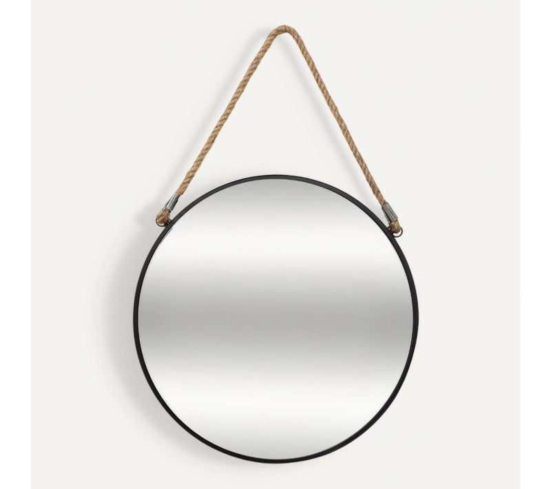 Miroir Mural En Métal Noir Avec Corde D 37 Cm
