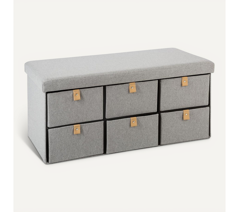Pouf Pliant Double Avec 6 Tiroirs Coloris Gris Suède 76.5 X H 38 Cm
