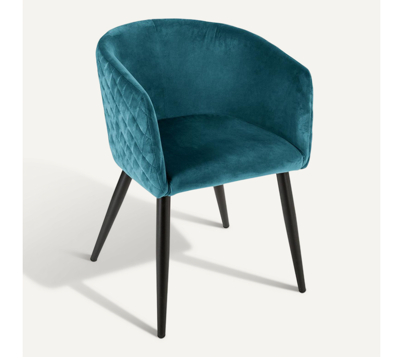 Chaise Fauteuil De Table En Velours Bleu Et Pieds En Métal Noir