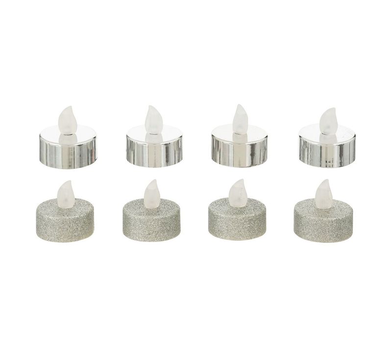 Set 8 Bougies Lumineuses à LED Argent Métallisé Et Argent Pailleté D 4 Cm