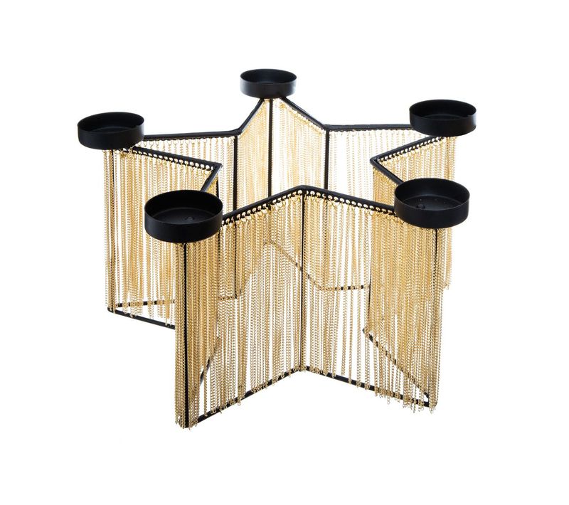 Bougeoir Centre De Table Étoiles Photophore 5 Bougies En Métal Noir Et Chaines Dorées