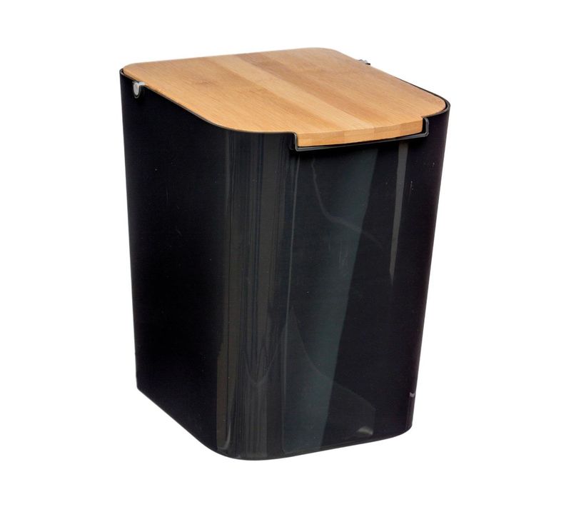 Poubelle De Salle De Bain Noire 5l Couvercle En Bambou