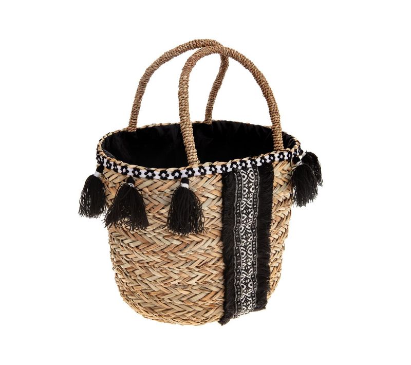 Panier Shopping En Seagrass Déco Noir Et Blanc Avec Pompons