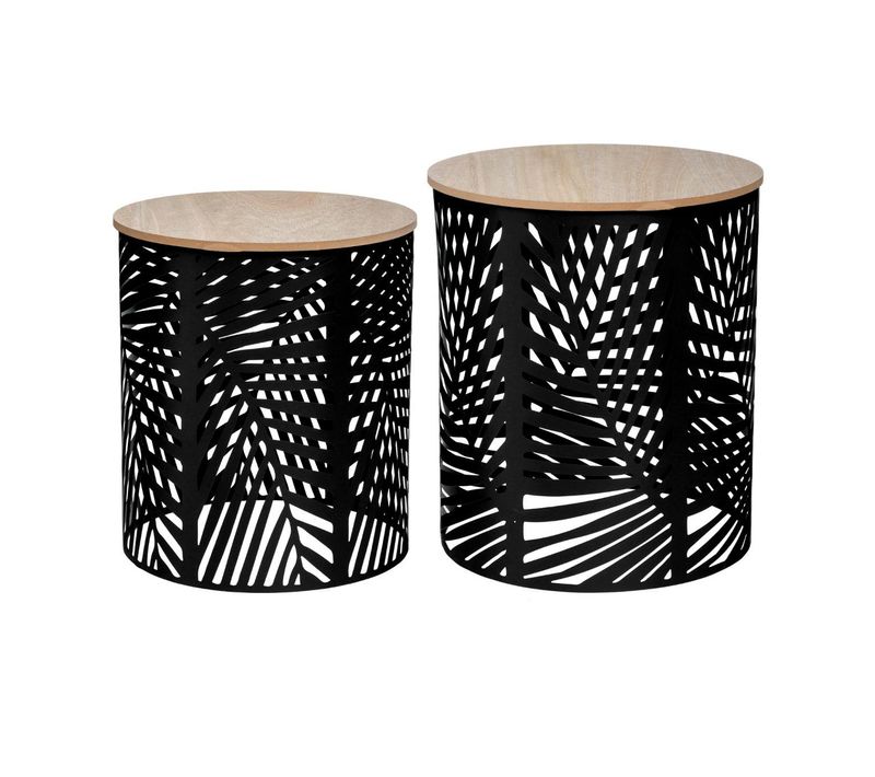 Lot De 2 Tables à Café En Métal Feuilles Noires Et Plateau En Bois