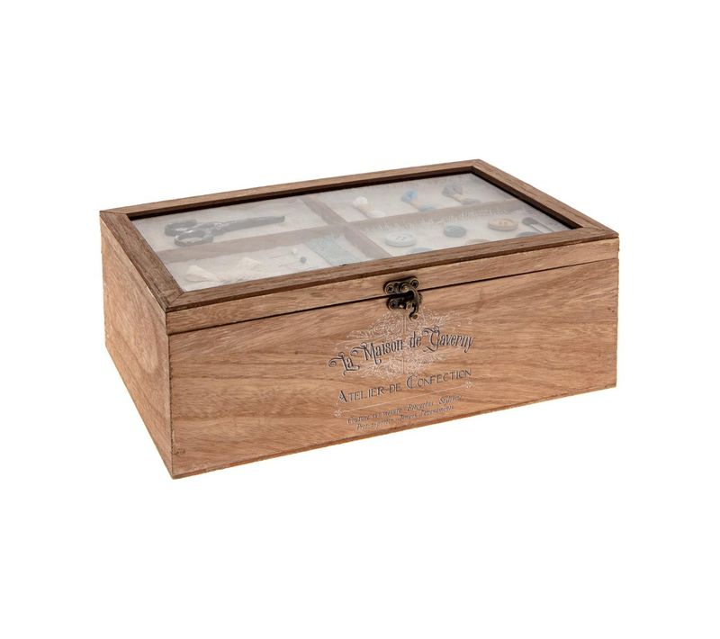 Boîte à Couture Compartimentée En Bois Et Verre