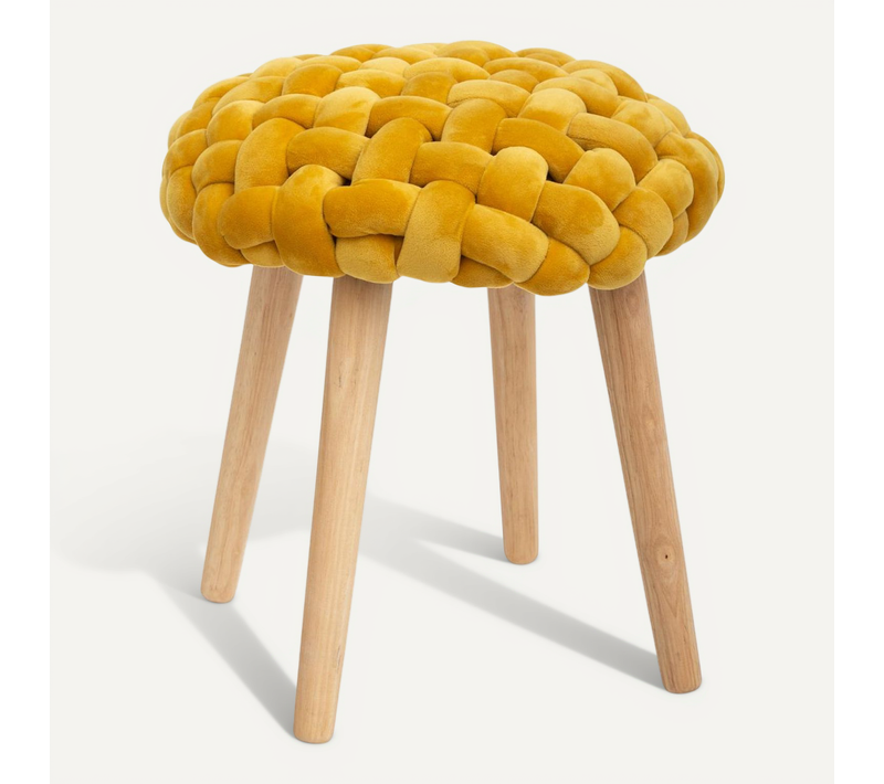 Tabouret Pied En Bois Et Assise Tricot Velours Moutarde
