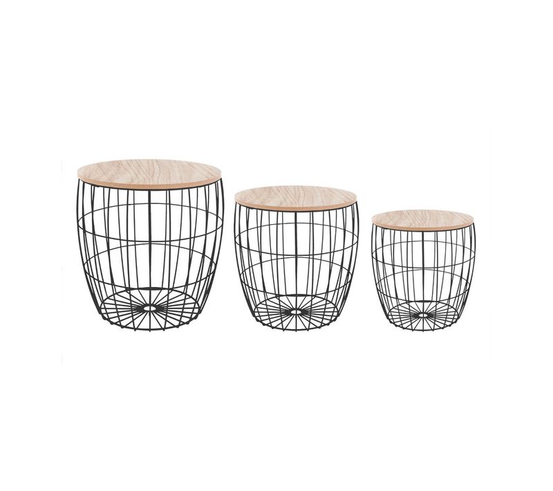 Lot De 3 Tables à Café En Bois Clair Et Métal Noir