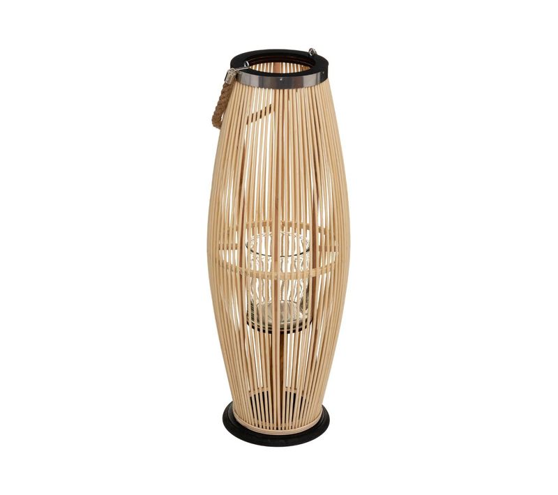 Grande Lanterne En Bambou Naturel Bougeoir En Verre D 27 X H 73 Cm