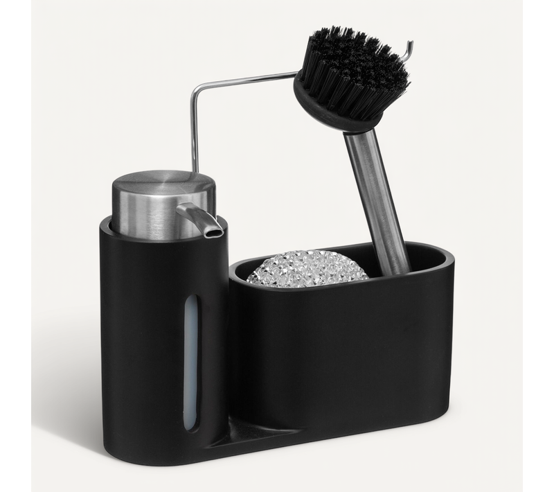 Distributeur De Savon Avec Poignée, Avec Éponge Et Brosse - Noir