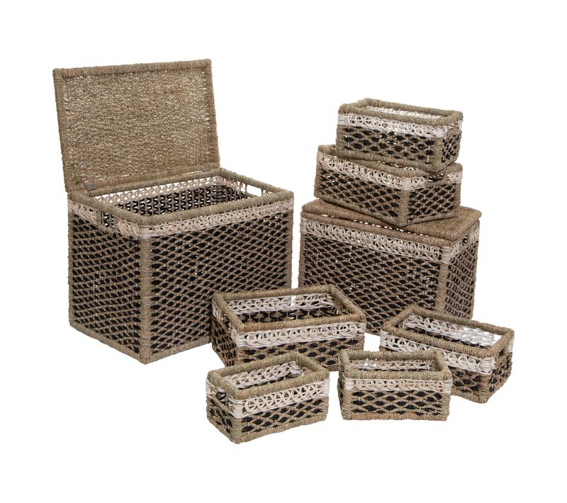 Set De 8 Paniers De Rangement En Seagrass Beige Et Noir