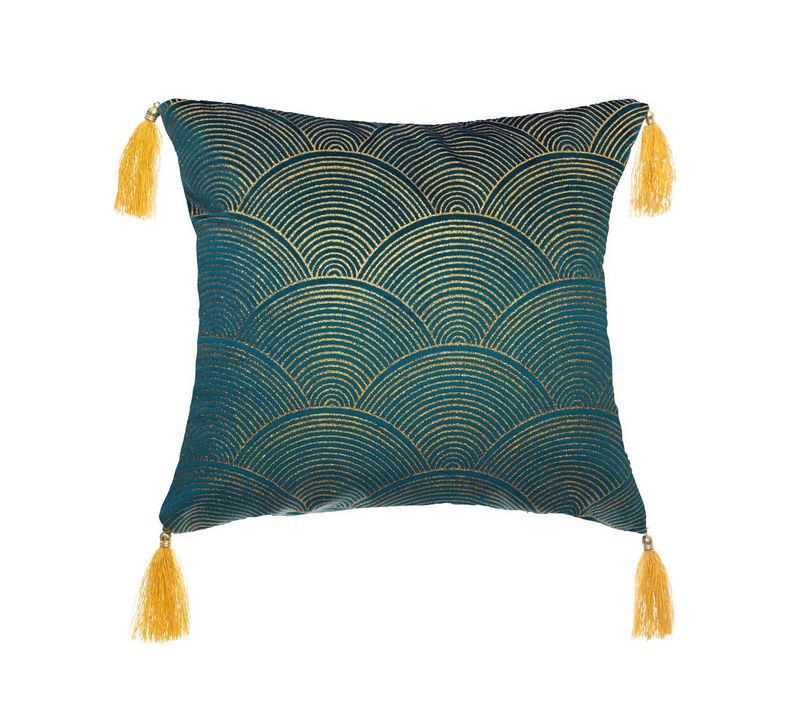 Coussin Déhoussable Velours Bleu Motif Or Brillant Et Pompons 40 X 40 Cm