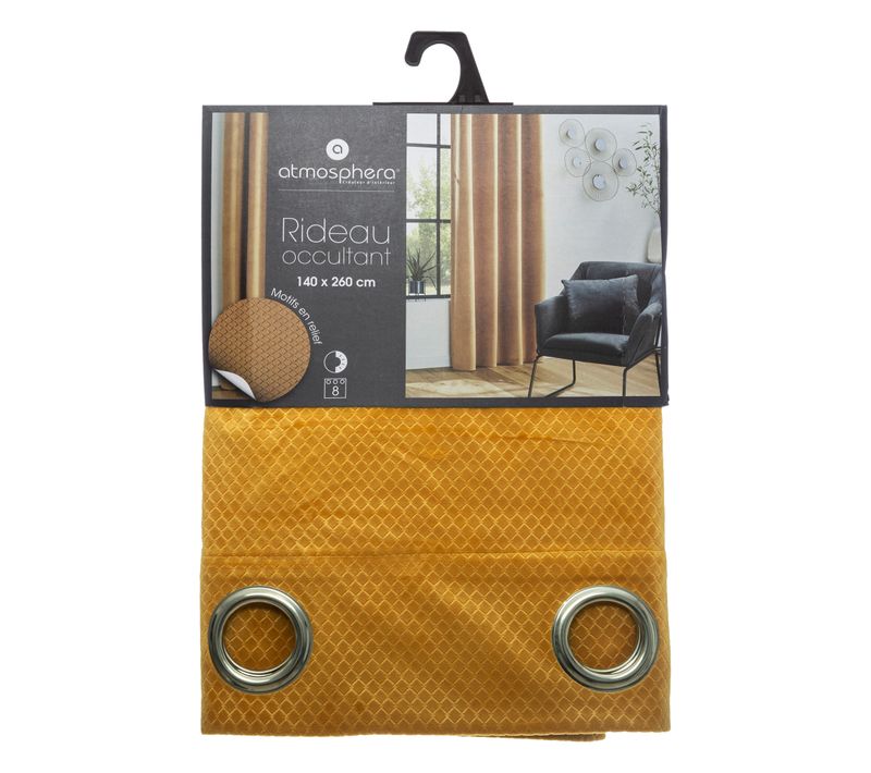 Rideau à Oeillets Occultant En Velours Ocre Motif En Relief 140 X 260 Cm