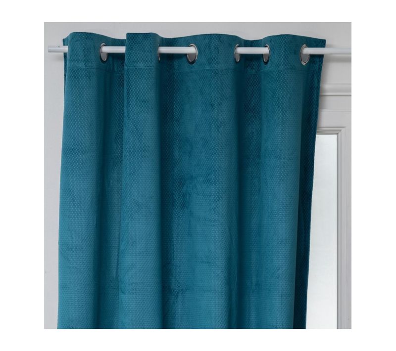 Rideau à Oeillets Occultant En Velours Bleu Canard Motif En Relief 140 X 260 Cm