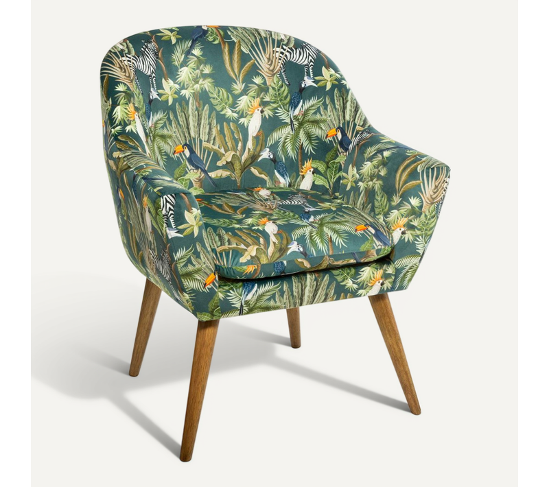 Fauteuil En Velours Vert Motif Jungle Et Pieds En Bois