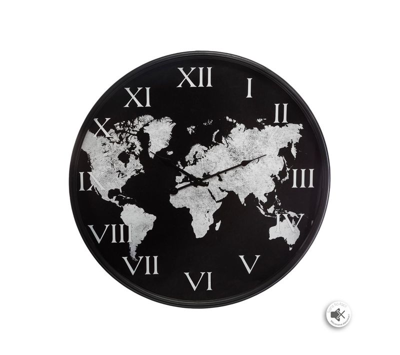 Pendule Murale Silencieuse Monde En Métal Noir Et Blanc D 57 Cm