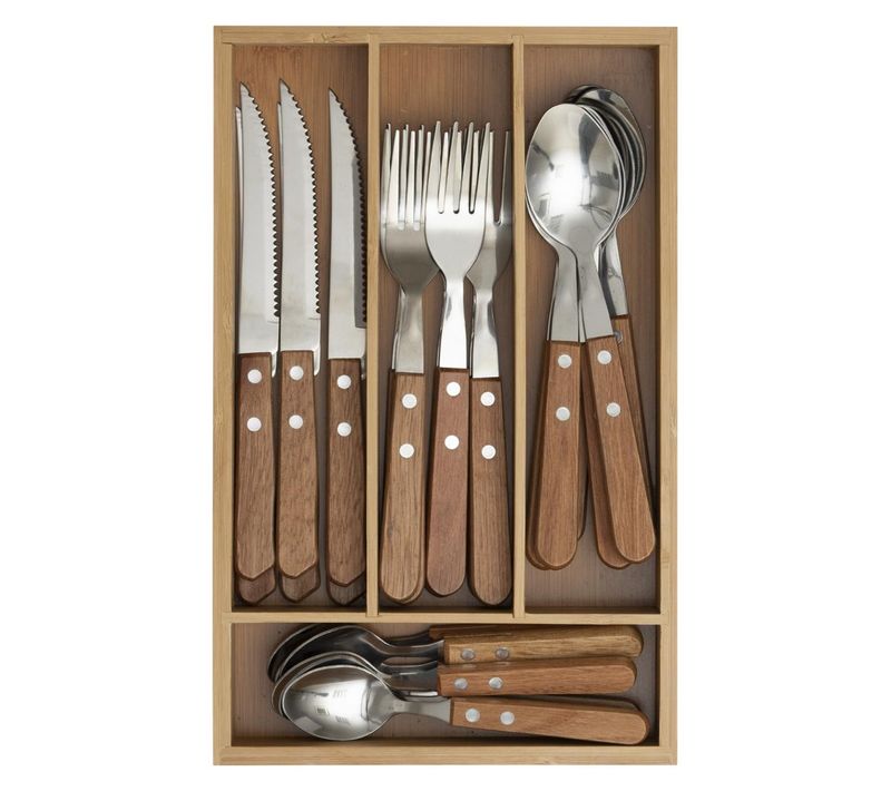 Ménagère 24 Pièces Couverts En Inox Avec Range-couverts En Bois