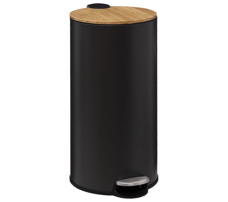 Poubelle 30 Litres En Métal Noir Charbon Et Couvercle En Bambou