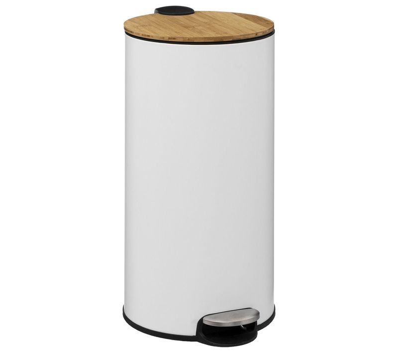 Poubelle 30 Litres En Métal Blanc Et Couvercle En Bambou