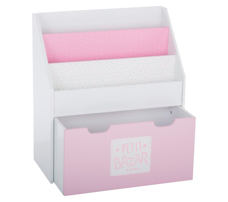 Bibliothèque Enfant Blanche et Rose Avec Bac De Rangement Sur Roulette