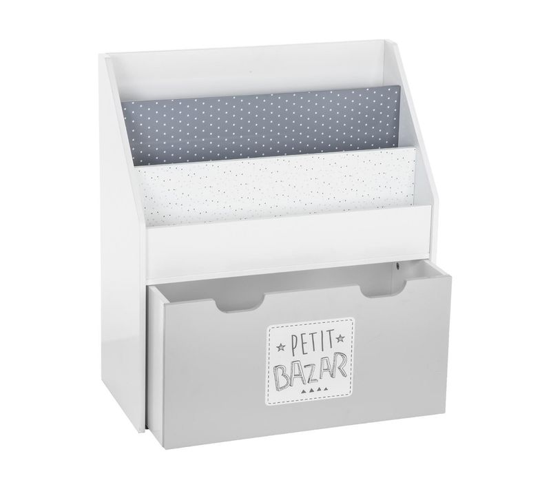 Bibliothèque Enfant Blanche et Grise Avec Bac De Rangement Sur Roulette