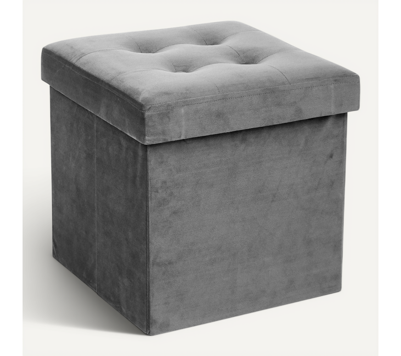 2 En 1 Pouf Pliant Et Coffre De Rangement Velours Gris 38 X 38 Cm