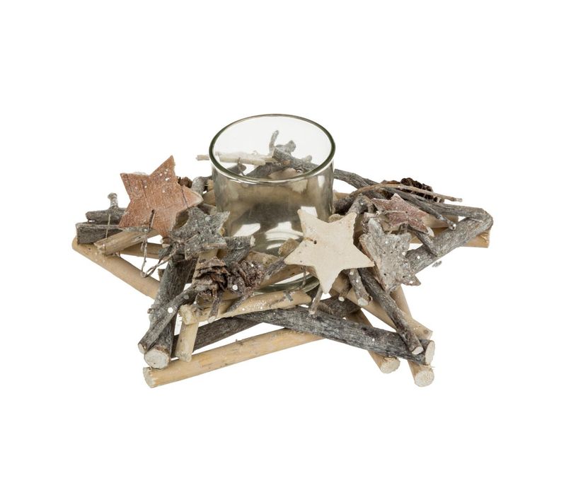 Bougeoir Centre De Table Etoile En Bois Décoré Noël et Photophore En Verre