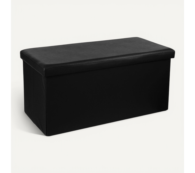 2 En 1 Pouf Pliant Double Et Coffre De Rangement Vinyle Noir 76.6 X H 37.5 Cm