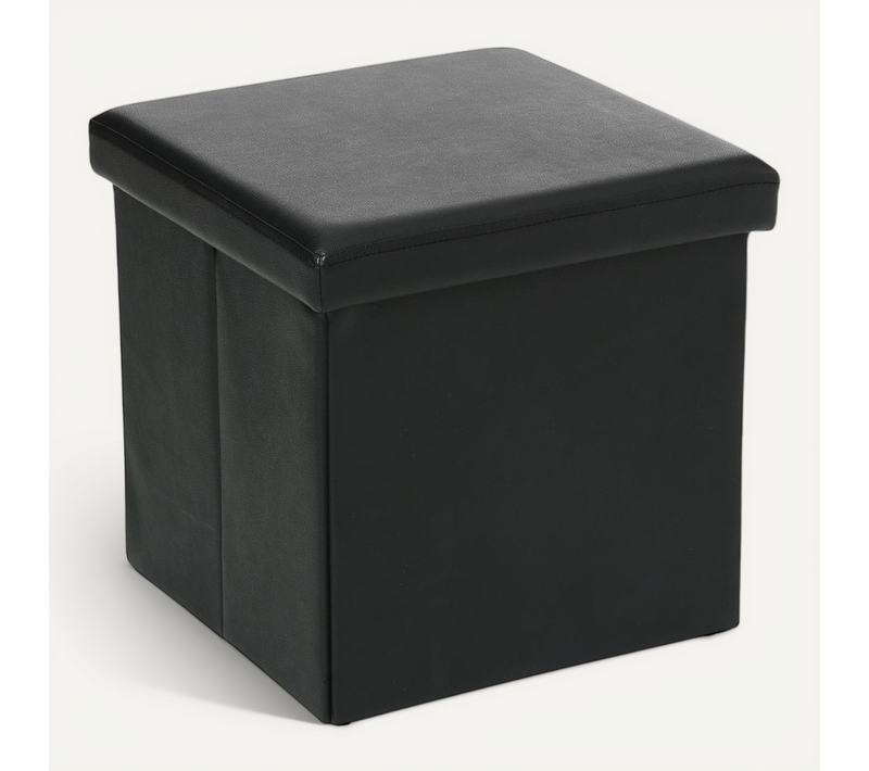 2 En 1 Pouf Pliant Et Coffre De Rangement Vinyle Noir 38 X H 37.5 Cm