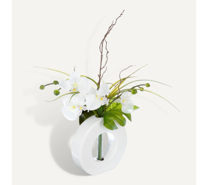 Composition Florale Artificielle D'orchidées Avec Vase Céramique H 44 Cm