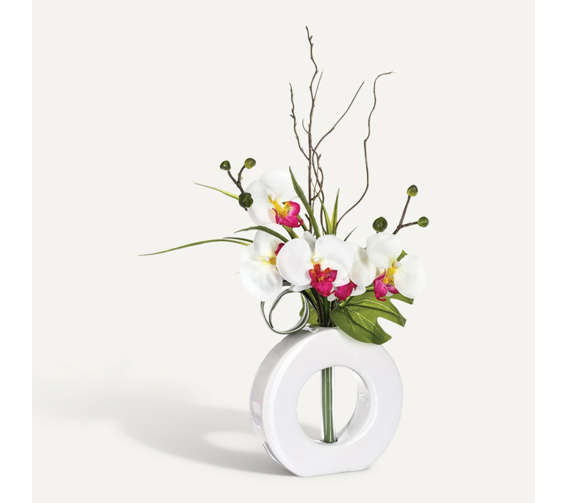 Composition Florale Artificielle D'orchidées Avec Vase Céramique H 44 Cm