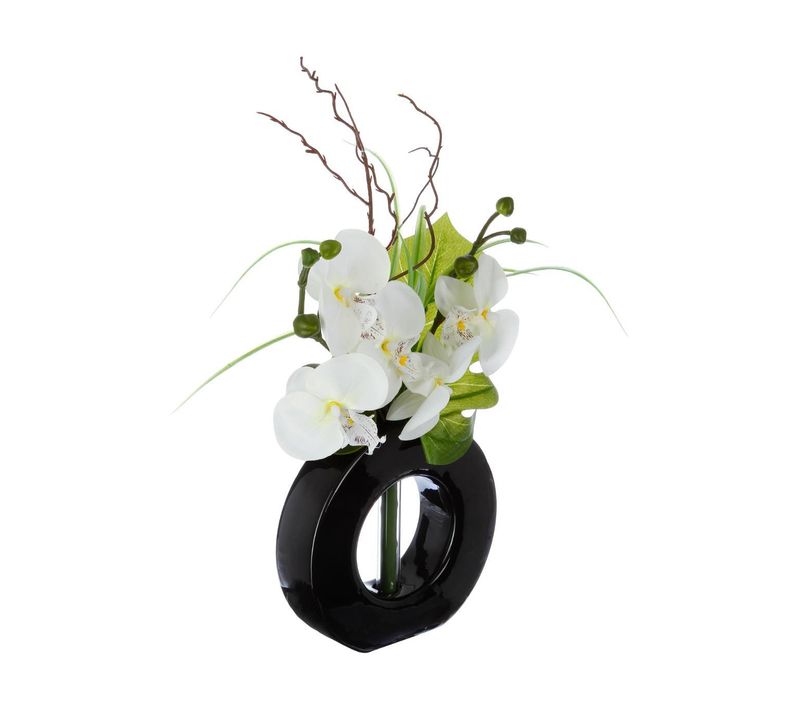 Composition Florale Artificielle D'orchidées Avec Vase Céramique H 44 Cm