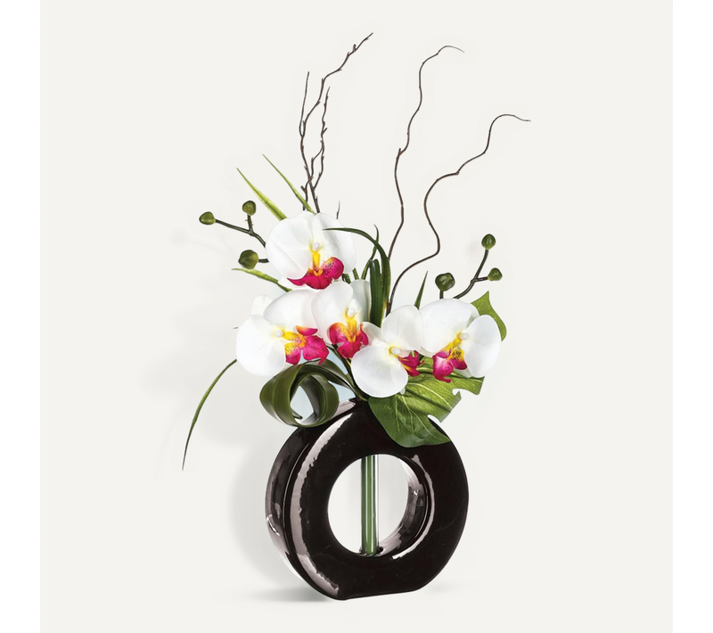 Composition Florale Artificielle D'orchidées Avec Vase Céramique H 44 Cm